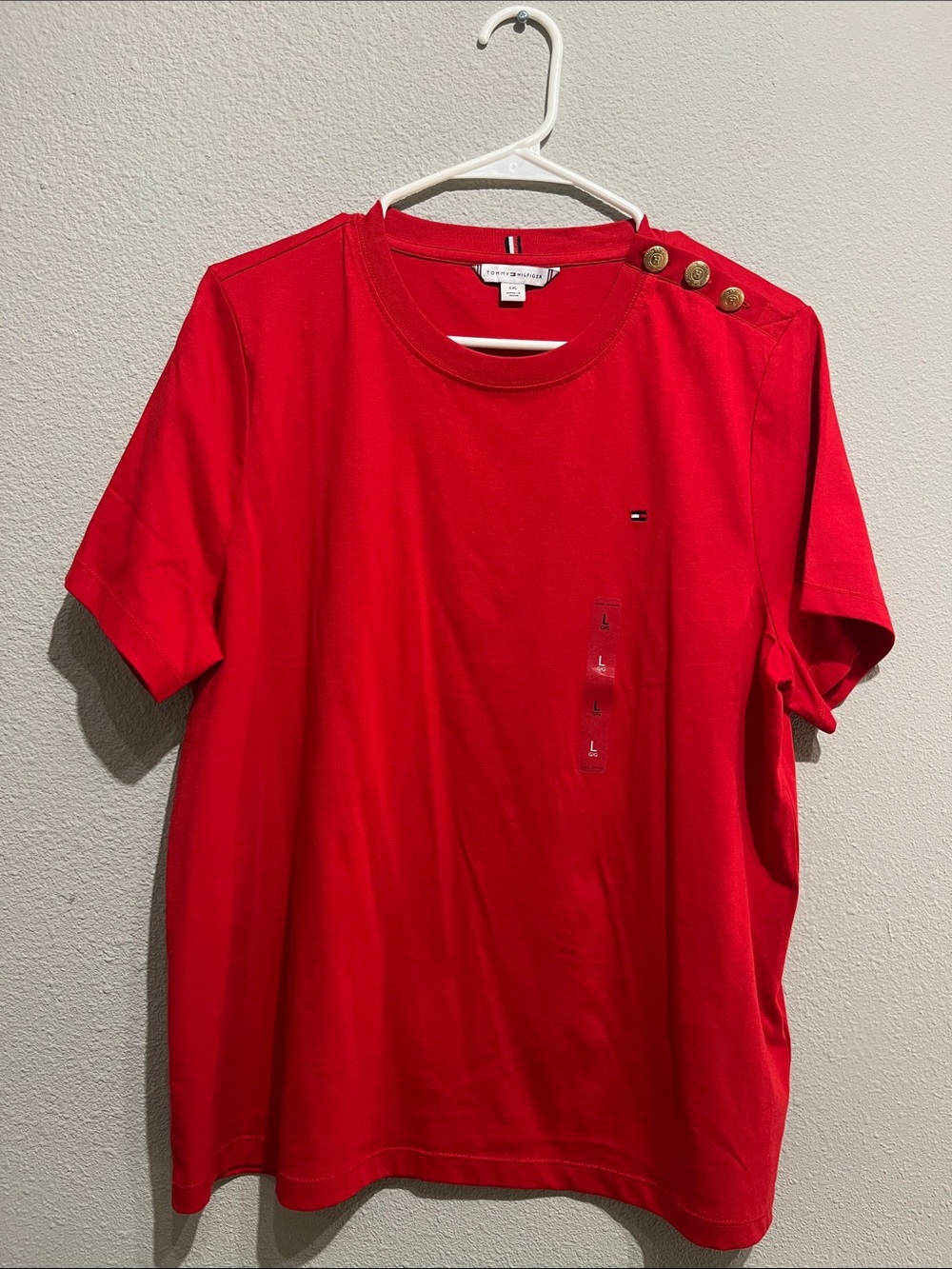 Tommy Hilfiger Red Short-Sleeve Crewneck with Gold Buttons